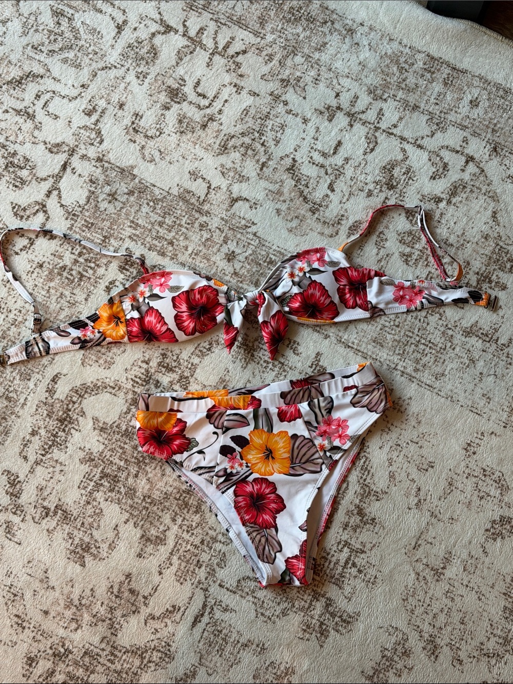 Floral Tie-Front Bikini Set - White with Red & Yellow Flowers